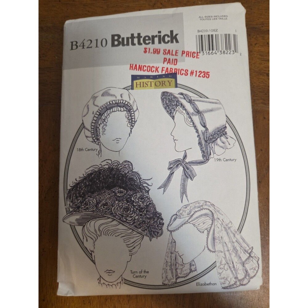 Butterick B4210 Pattern Historical Hats Bonnet Victorian Elizabe Edwardian NOS